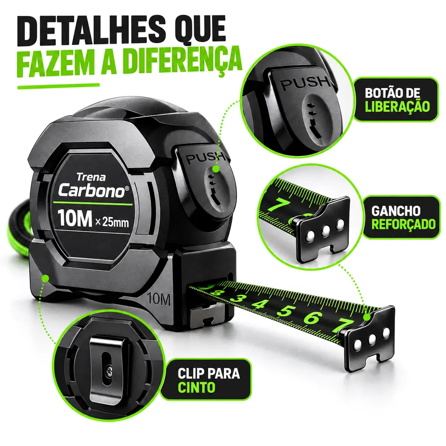 Detalhes da Trena Carbono incluindo botão, gancho e clip